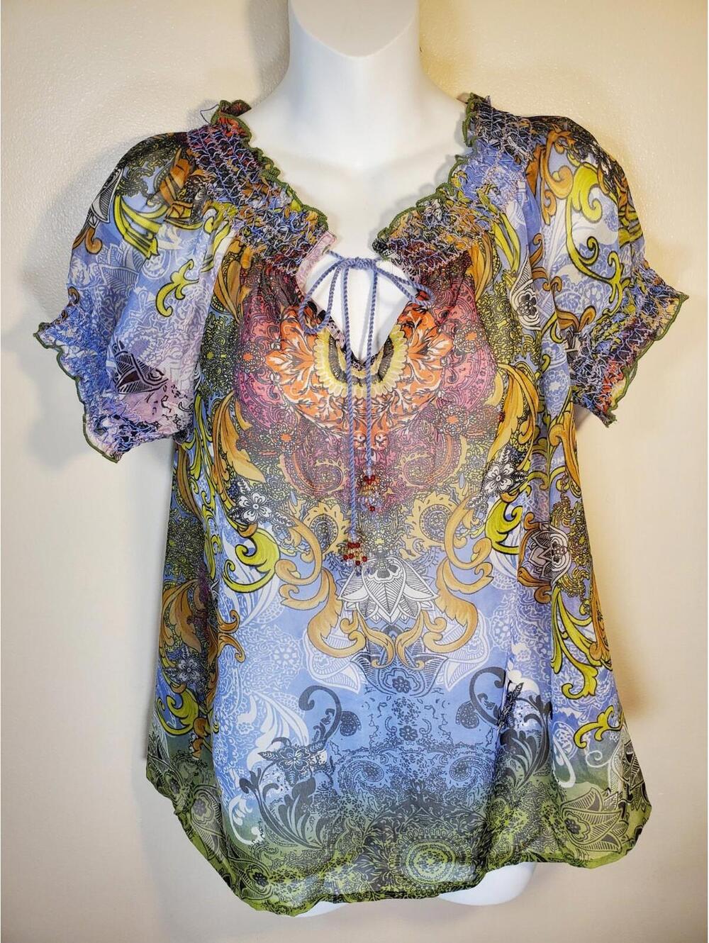 Forbidden Los Angeles Blouse Womens Small Paisley Boho Sheer Fairy Y2K Top